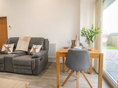 A living room area with a gray sofa with deer pillows and a wooden dining table with gray chairs and flowers at 3 Mountain View in Talwrn near Llangefni