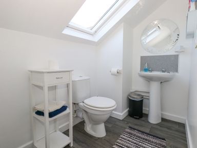 A bathroom with a toilet a sink a mirror a trash bin and a wooden shelf with towels at Victorian Town House in Weymouth