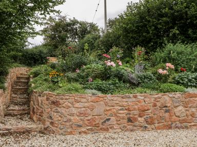A garden with stone steps and a stone retaining wall with various plants and flowers at The Old Haybarn in Ipplepen