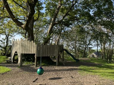 A wooden treehouse with a swing and slide in a grassy outdoor area surrounded by trees at The Farmhouse in Newport Pembrokeshire