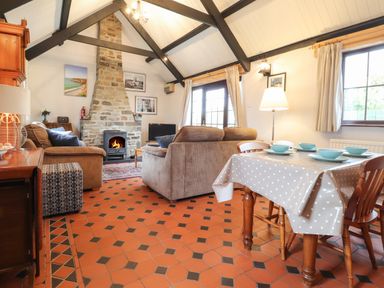 A living room with a stone fireplace a dining table with blue bowls and chairs at Bwthyn Alarch in Trefin St Davids Pembrokeshire