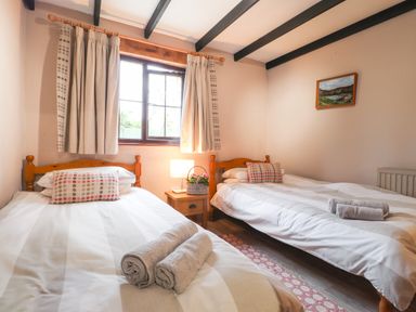 A bedroom with two single beds a window with curtains a bedside table with a lamp and flowers at Bwthyn Alarch in Trefin St Davids Pembrokeshire