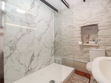 A bathroom with a walk-in shower a toilet and a white stone wall with a recessed shelf at Bwthyn Alarch in Trefin St Davids Pembrokeshire