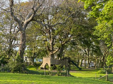 An outdoor playground with wooden structures and green slide surrounded by trees and grass at The Granary in Newport Pembrokeshire