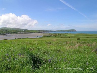 A coastal landscape with green grass, a sandy beach, hills, and the sea at Stable Cottage in Newport Pembrokeshire