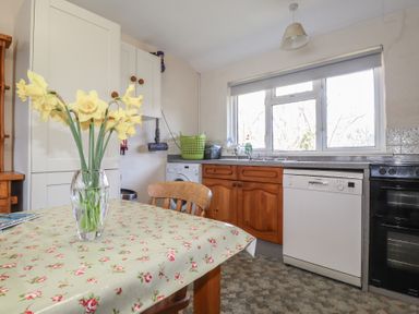 A kitchen with table and flowers in a vase dishwasher washing machine and oven at Otter Cottage in Dinas Cross