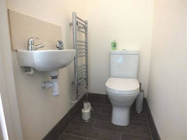 A small bathroom with a toilet a wall-mounted sink a towel radiator and toilet paper rolls at Derlwyn in Newport Pembrokeshire