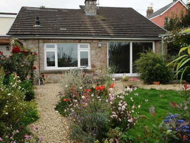A stone house with a pebble pathway and garden with flowers and greenery at Gellifor in St Dogmaels Pembrokeshire