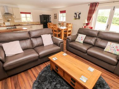 A living room and kitchen area with two brown sofas a wooden coffee table a dining table and chairs at Gwyddno Lodge in Narberth Pembrokeshire