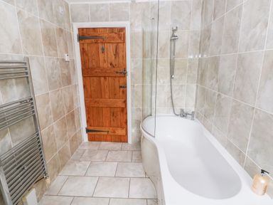 A bathroom with a bathtub a wooden door and a heated towel rail at Gwyddno Lodge in Narberth Pembrokeshire