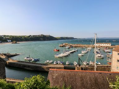 A harbor with boats docked along piers and a coastline with cliffs at Gwyddno Lodge in Narberth Pembrokeshire