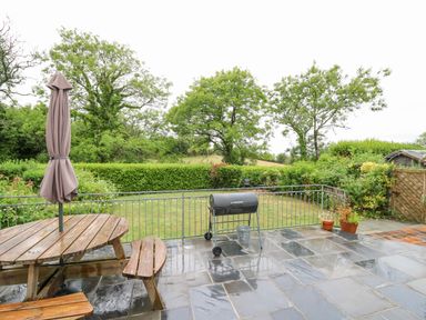 A patio with a wooden picnic table and umbrella and a barbecue grill overlooking a garden with trees and shrubs at Greenbanks in Dinas Cross Pembrokeshire
