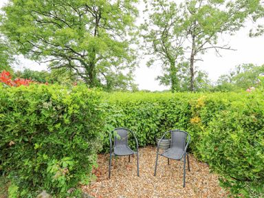 Two black metal chairs on a gravel area surrounded by trimmed green hedges and trees at Greenbanks in Dinas Cross Pembrokeshire