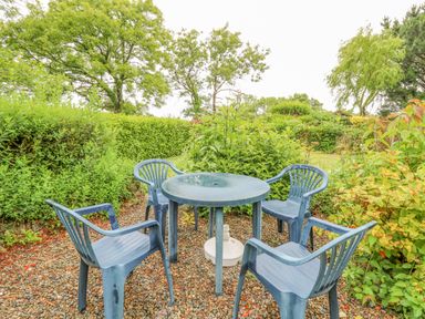 A garden area with a round table and four plastic chairs surrounded by bushes and trees at Greenbanks in Dinas Cross Pembrokeshire
