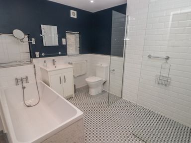 A bathroom with a bathtub sink toilet and walk in shower at The Willows in Newport Pembrokeshire