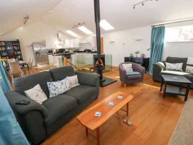An open living room and kitchen area with sofas, a central wood stove, a dining table, and kitchen appliances at Gwelfor, Marloes in Marloes, Pembrokeshire