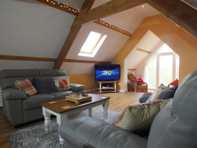 A living room with gray sofas a wooden coffee table a TV on a stand and a wicker chair by glass doors at Pond Cottage in New Quay Ceredigion
