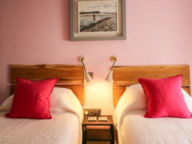 A bedroom with two beds with wooden headboards and red pillows at Nevern House in Newport Pembrokeshire