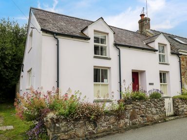 A detached cottage with a stone wall and flowers in front at Panteg Cottage Newport Pembrokeshire