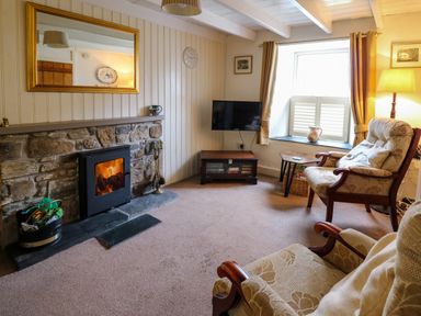 A living room with a stone fireplace a TV on a stand two armchairs and a window with curtains at Panteg Cottage Newport