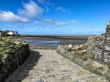 A paved pathway leading to a sandy beach with houses on the left and stone walls on both sides at Dolwylan in Newport Pembrokeshire
