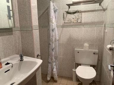 A bathroom with a sink a toilet a shower curtain and a towel rack at Greenfields in St Davids Pembrokeshire
