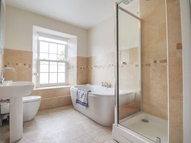 A bathroom with a bathtub a shower a sink and a toilet at Neverndale in Newport Pembrokeshire