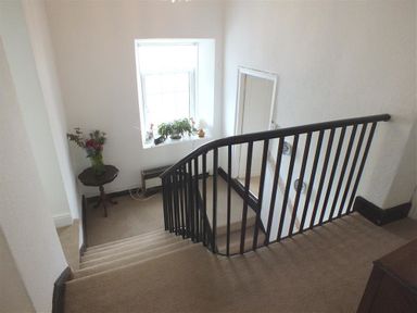 A staircase with a black railing and a window with plants on the sill at Tremynydd Fawr in St Davids Pembrokeshire