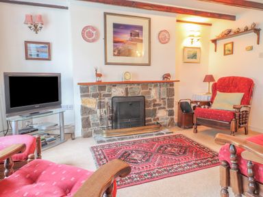 A living room with a stone fireplace red armchairs a television and framed pictures at Meadowlands in Dinas Cross Pembrokeshire