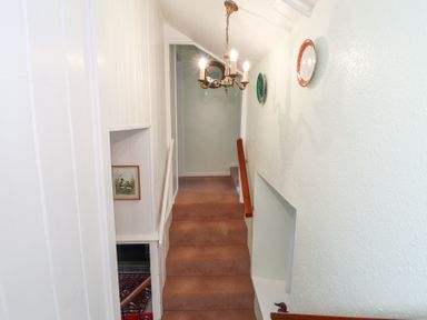 A carpeted stairway with a wooden handrail and wall decorations under a ceiling light at Meadowlands in Dinas Cross Pembrokeshire