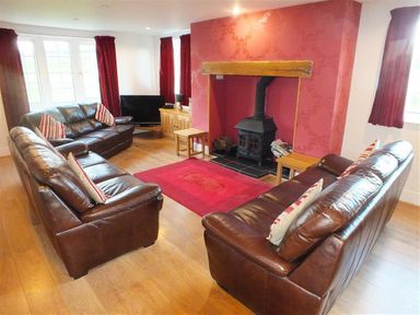 A living room with brown leather sofas a red rug a fireplace and a television at Sarnau in Efailwen Carmarthenshire
