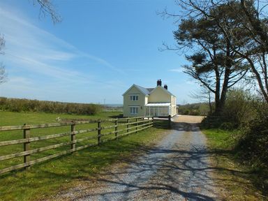 A gravel driveway leading to a two-story yellow house with surrounding wooden fences and trees at Sarnau in Efailwen Carmarthenshire