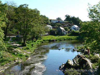 A river flowing through a village with trees grass and houses near Sarnau in Efailwen Carmarthenshire