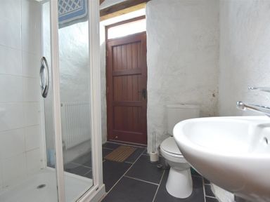 A bathroom with a shower, toilet, sink, and wooden door at Panteurig Farmhouse in Strumble Head, Goodwick, Pembrokeshire