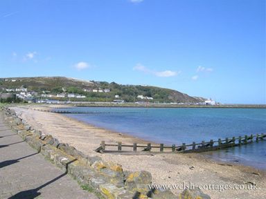 A beach with a stone wall and wooden barriers with a hill and houses in the background at Panteurig Farmhouse in Strumble Head Goodwick Pembrokeshire
