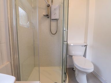 A bathroom with a shower enclosure and a toilet at Blackrock Boathouse in Dale Pembrokeshire