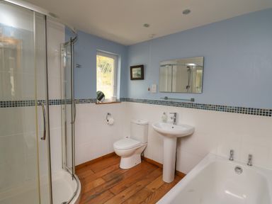 A bathroom with a shower, toilet, sink, mirror, and bathtub at Yr Odyn in Llangrannog, Ceredigion