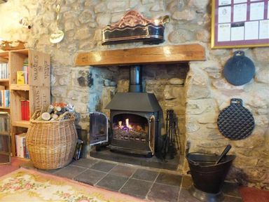A stone fireplace with a wood burning stove and firewood basket at Granston Cottage in Castlemorris Pembrokeshire