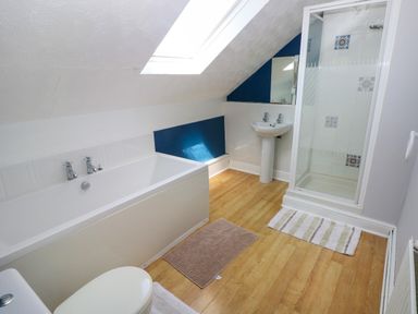 A bathroom with a bathtub toilet sink and shower at Newton West Farm Newton near Newgale