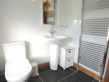 A bathroom with a toilet sink small storage unit and heated towel rail at Gwndwn Gwyn in Trefasser Near Strumble Head
