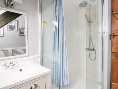 A bathroom with a sink and faucet a mirror a glass shower enclosure with a striped shower curtain and a wooden door at 5 The Coach House in Broad haven Pembrokeshire