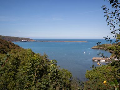 A coastal view with trees in the foreground boats on the water and a long pier at The Rock House in Fishguard Pembrokeshire