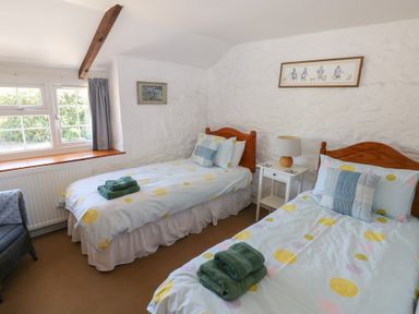 A bedroom with two single beds and a window at Ty-Newydd Cottage in Nevern near Newport Pembrokeshire