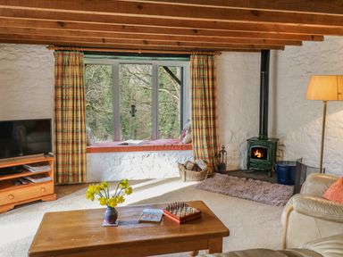 A living room with a wooden coffee table yellow flowers on it a window seat with cushions a fireplace and a television at Trawsnant Cottage in New Quay Ceredigion