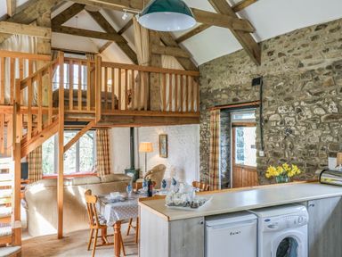 An open plan kitchen and living area with a wooden staircase leading to a loft bedroom at Trawsnant Cottage in New Quay Ceredigion