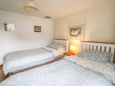 A bedroom with two single beds a bedside table with a lamp and framed pictures on the walls at Trawsnant Cottage in New Quay Ceredigion