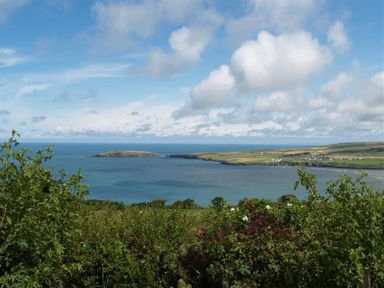 A coastal landscape with bushes in the foreground a bay sea and an island at Cockshead Cottage in St Dogmaels Pembrokeshire