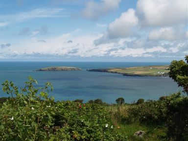 A coastal view with an island and mainland visible across the water at Cockshead Cottage in St Dogmaels Pembrokeshire
