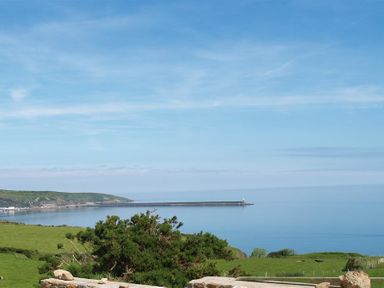 A coastal landscape with a green field a tree and a long pier extending into calm sea at Cable Cottage in Fishguard Pembrokeshire