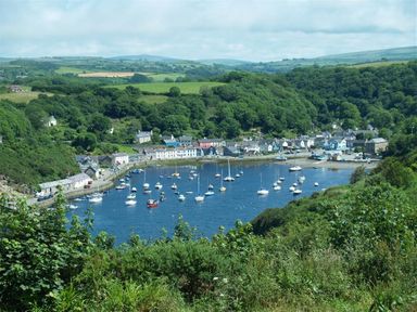 A harbor with boats anchored near a village surrounded by green hills and trees at Cable Cottage in Fishguard Pembrokeshire